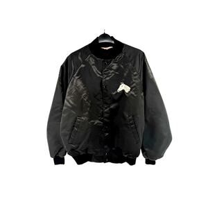 Black Satin Bomber Jacket West Ark Embroidered Horse Head Size Large